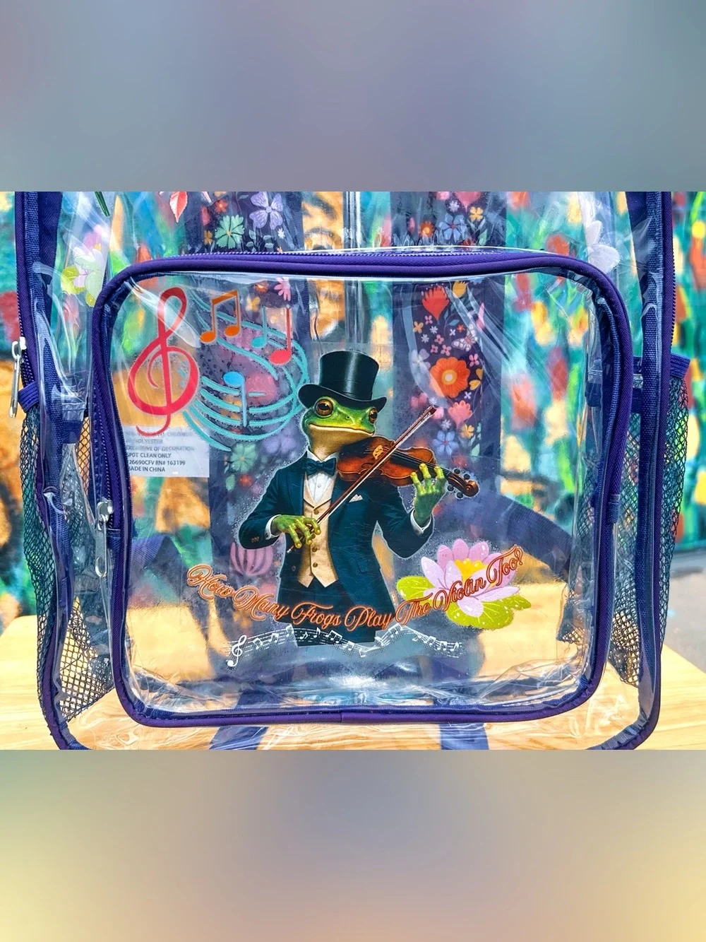 VIOLIN FROG Clear Backpack 15” | Navy Blue with Custom Graphic Print